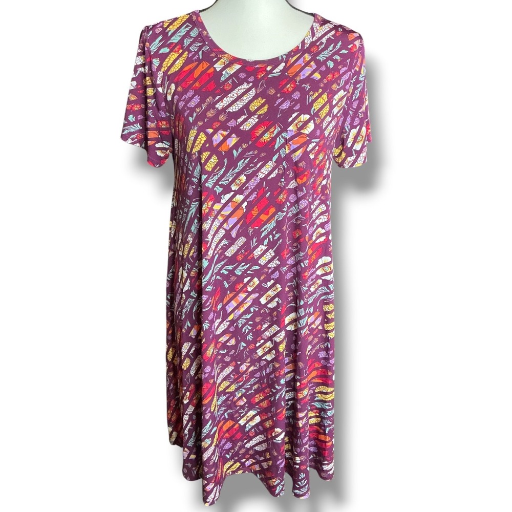 LuLaRoe Purple Floral Stripe Carly Dress Women Size S High Low Short Sleeve